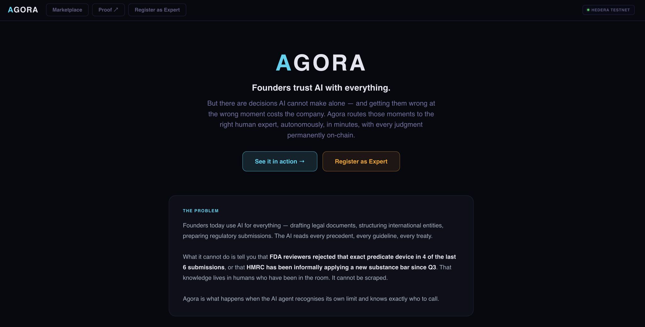 The Agora prototype homepage, showing its AI-agent marketplace and Hedera testnet badge.
