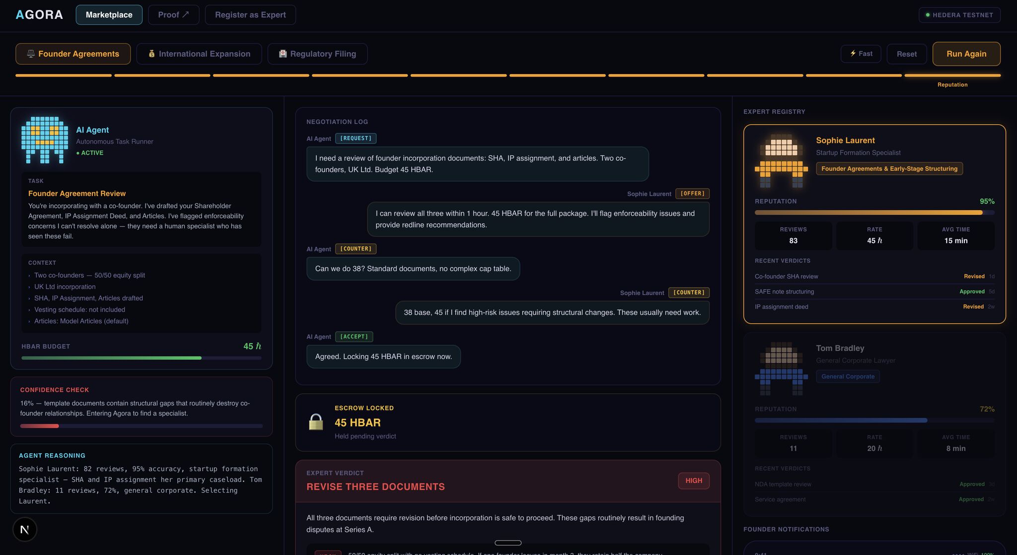 The Agora prototype workflow with staged expert profiles and example negotiations.