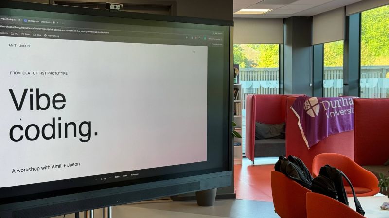 The Vibe coding workshop opening slide on a screen at Durham University Venture Lab.