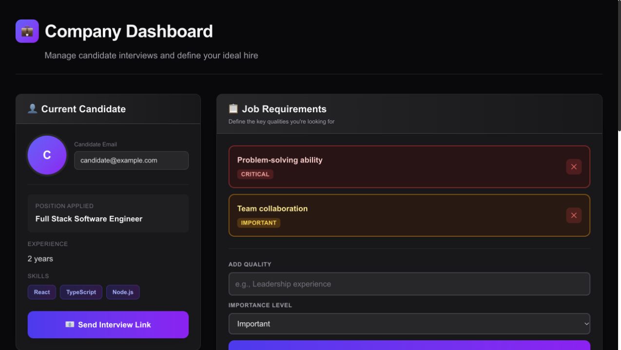 Intelliview’s company dashboard, showing example candidate details and job requirements.