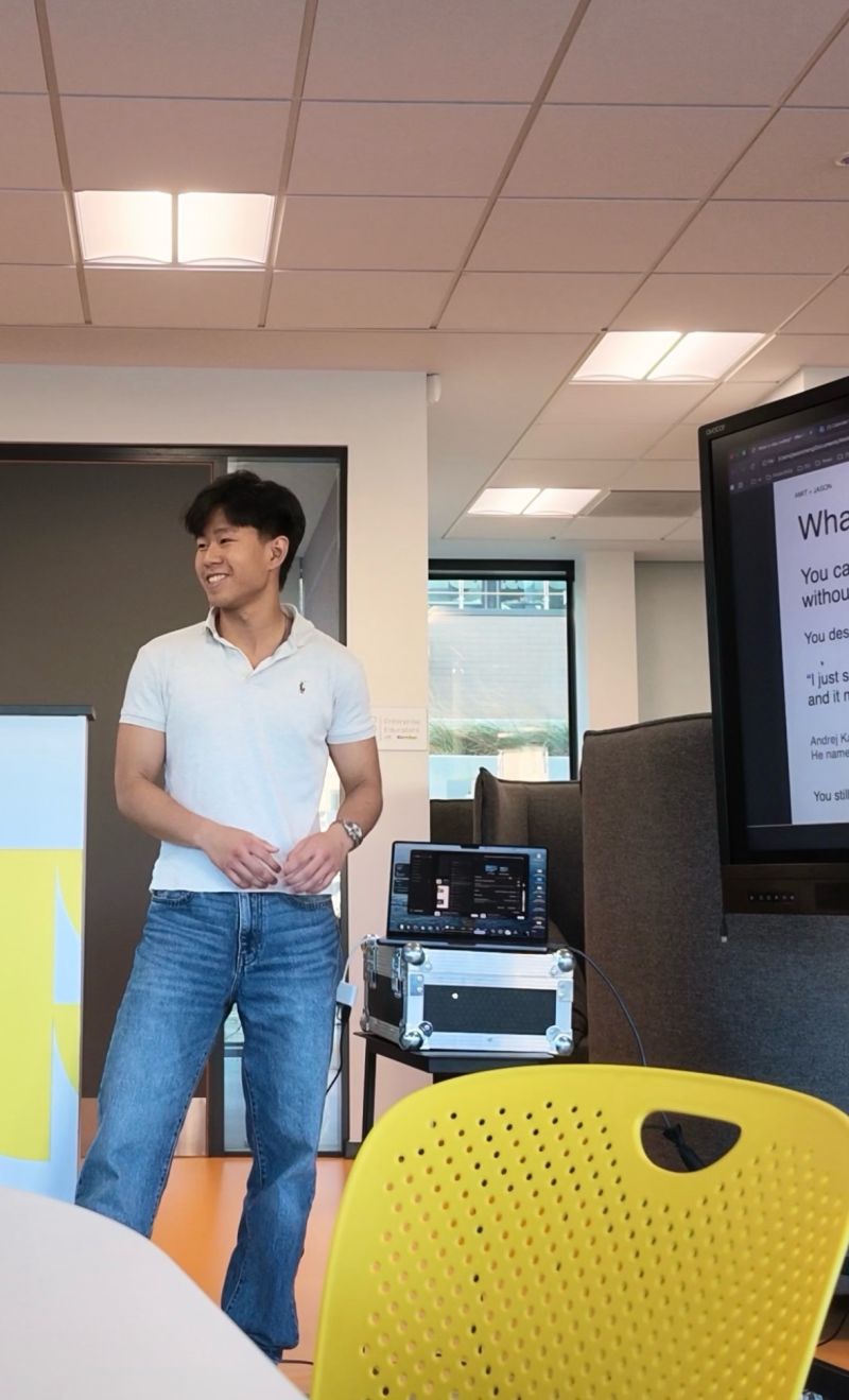 Jason presenting at the Venture School vibe coding workshop.